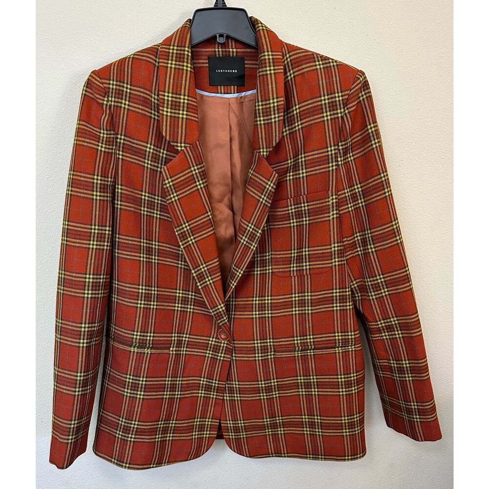 Lesyanebo Plaid Wool Blazer Jacket One Button Rust Orange Oversized Women Size L
